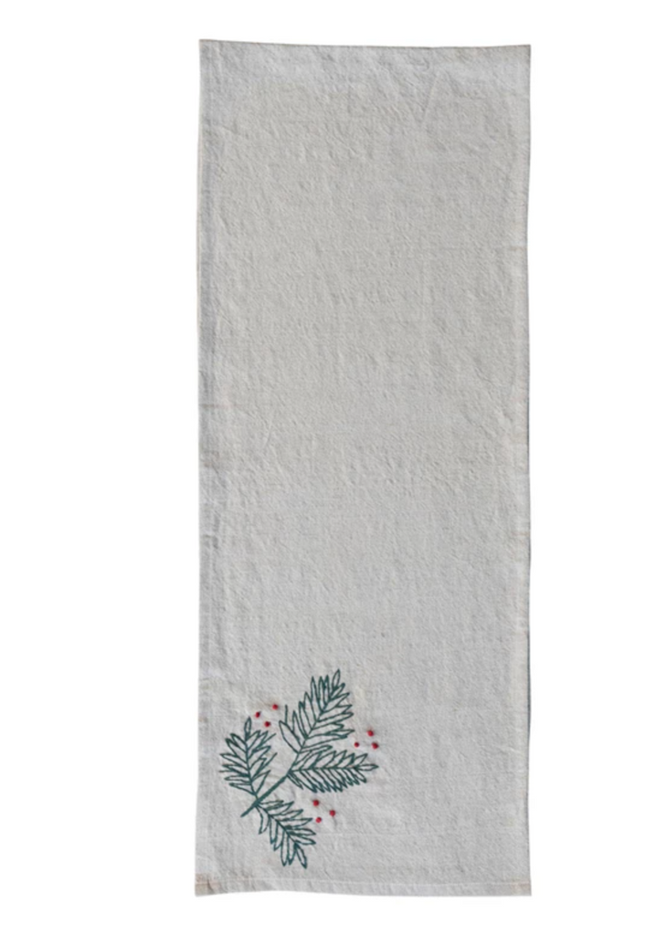 Woven Cotton & Linen Table Runner w/ Hand-Embroidered Holly & French Knots