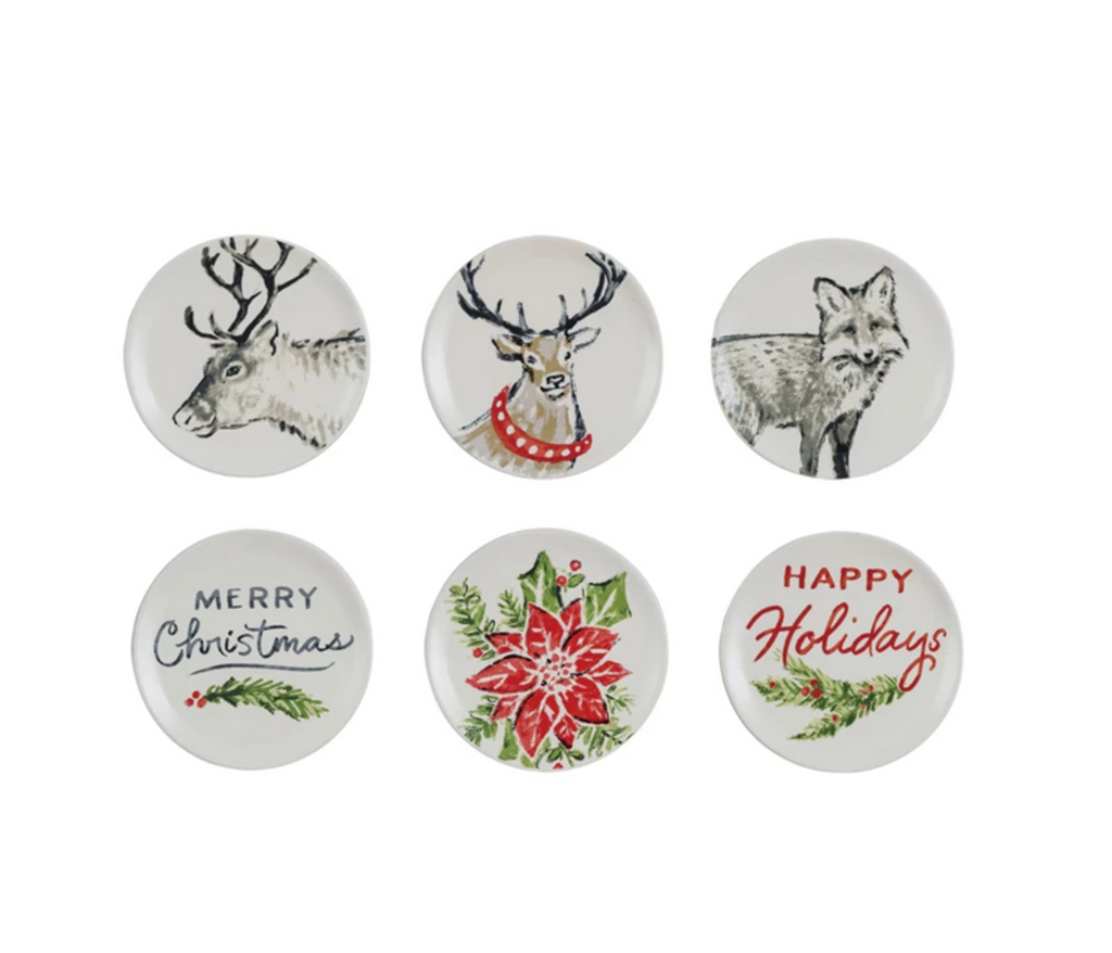 Stoneware Plate w/ Holiday Saying, Botanical & Animal, 6 Styles