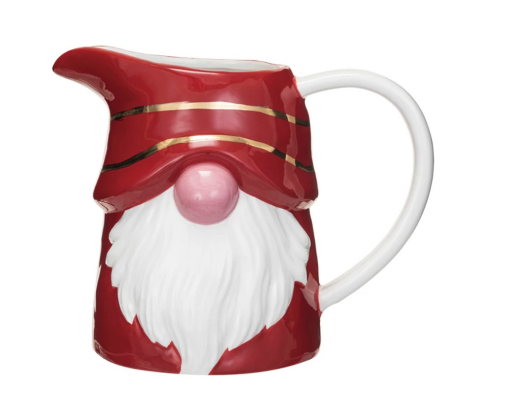 1 Quart Ceramic Gnome Pitcher w/ Gold Electroplating, Red & White