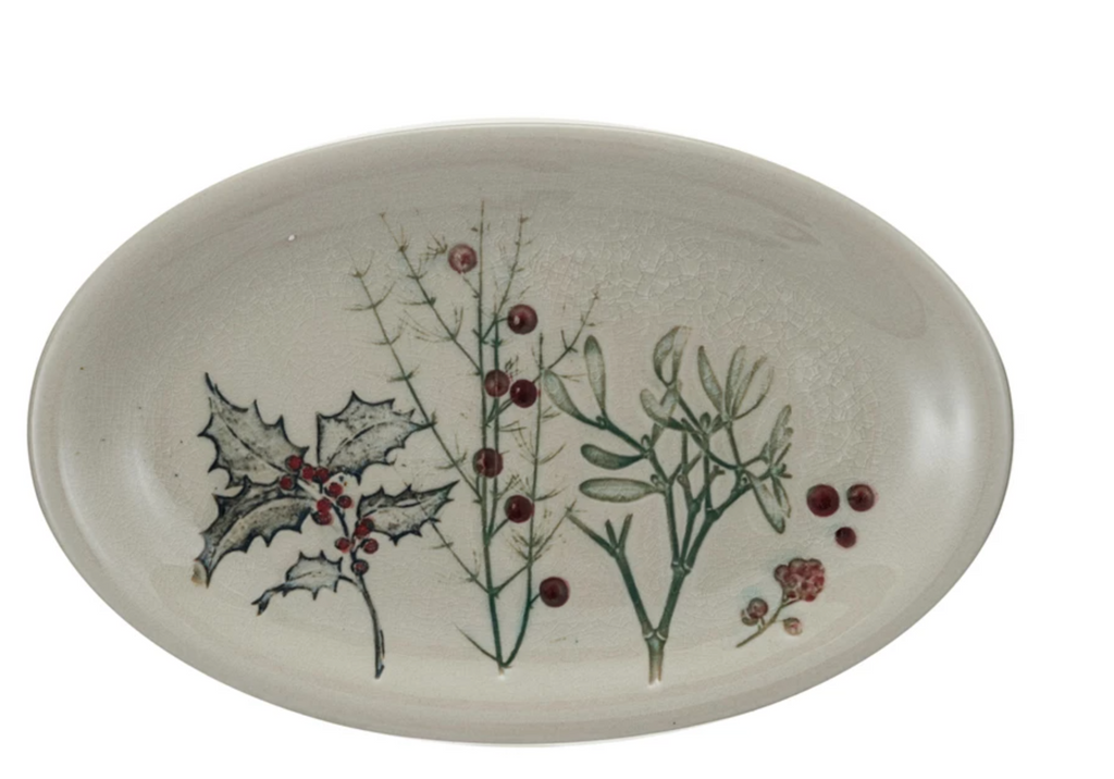 Debossed Stoneware Platter w/ Seasonal Botanicals (Each One Will Vary)