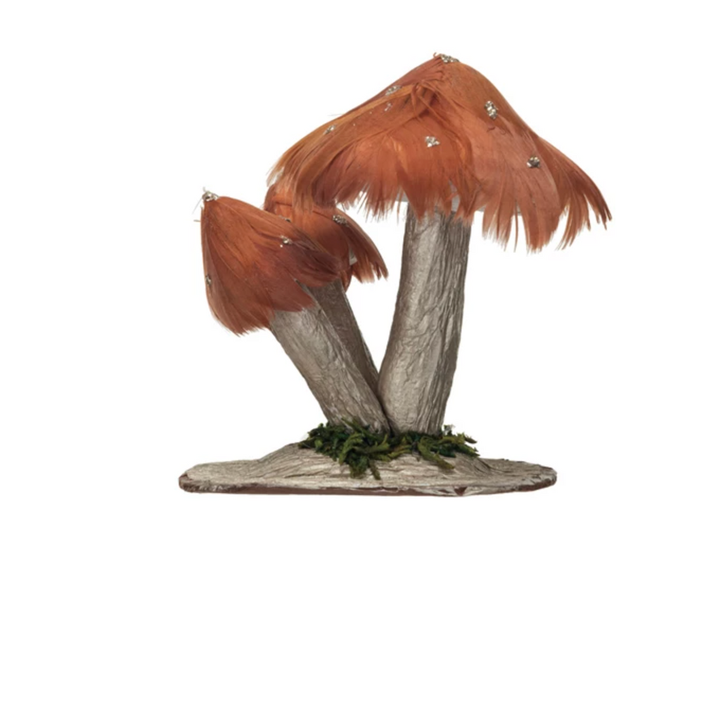 Foam & Feather Mushroom w/ Gold Glitter & Faux Moss, Rust Color