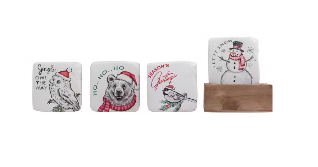 Resin Coasters w/ Holiday Saying & Animal in Wood Box, Set of 5