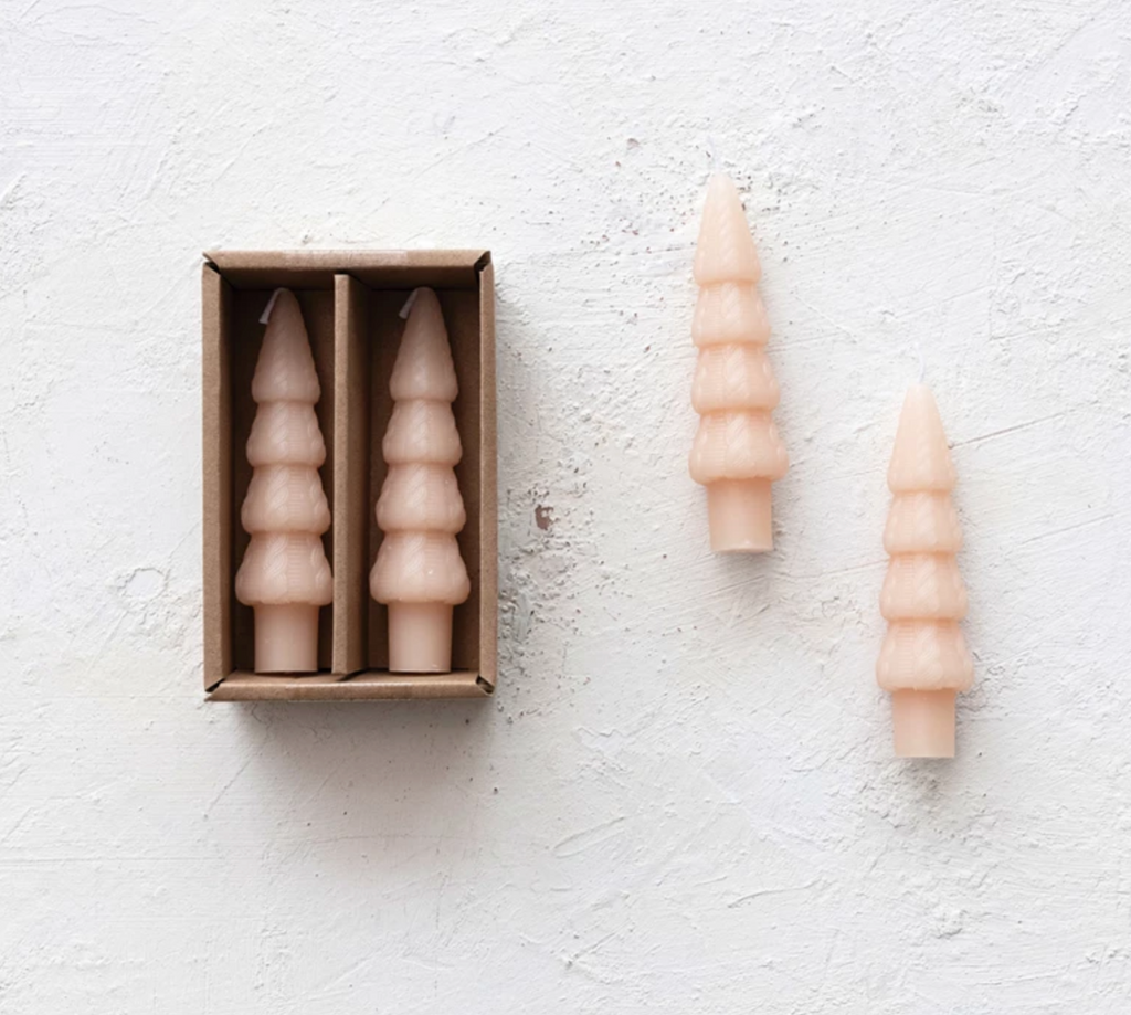 Unscented Tree Shaped Taper Candles in Box, Blush Color, Set of 2