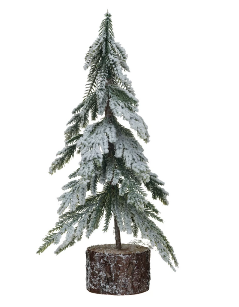 Faux Fir Tree w/ Wood Base, Snow Finish, Green