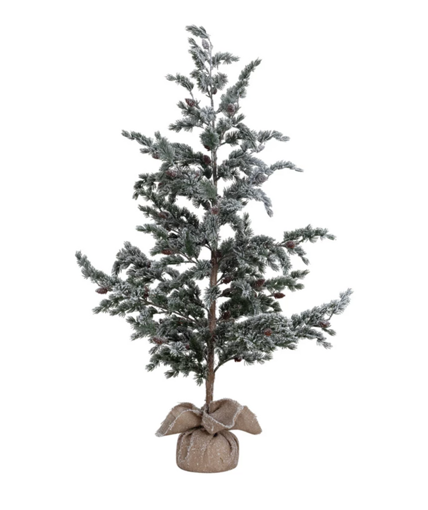 Faux Evergreen Tree in Burlap Sack, Snow Finish, Green & Natural, KD