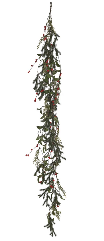 Faux Pine & Mistletoe Garland w/ Red Berries, Green