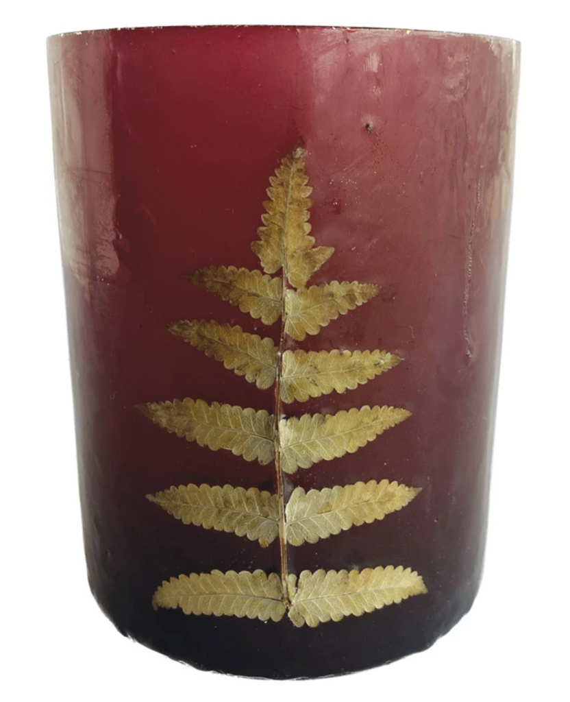 Recycled Glass Votive Holder w/ Embedded Eucalyptus Leaves, Red & Gold Finish