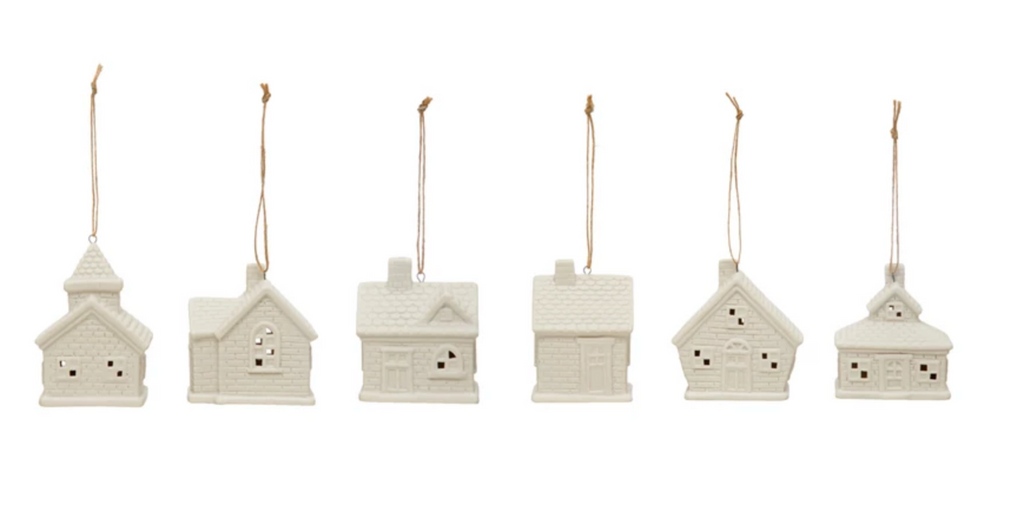 3"H Stoneware House Ornament w/ LED Light, White, 6 Styles (Batteries Included)