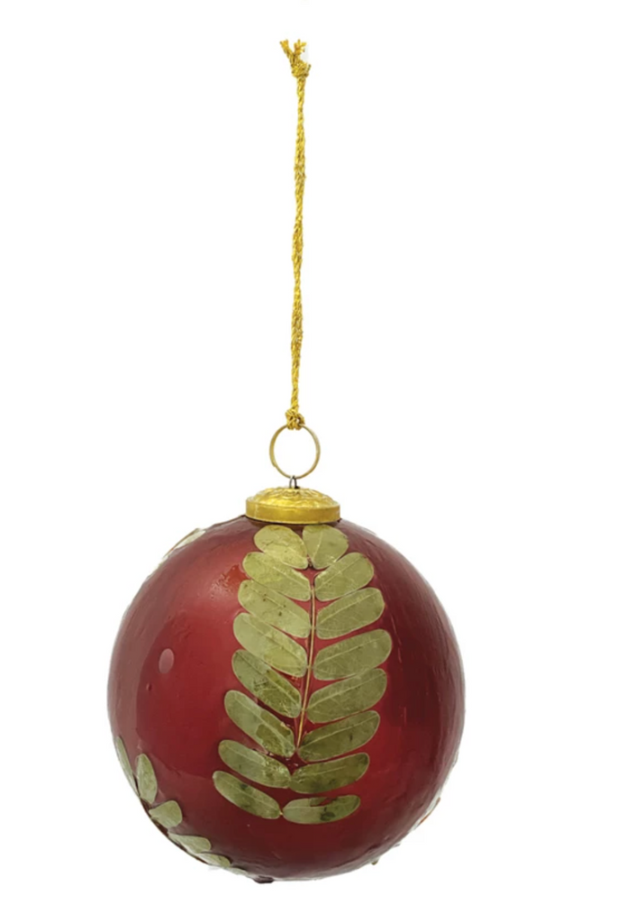 Glass Ball Ornament w/ Embedded Eucalyptus Leaves, Red & Gold Finish