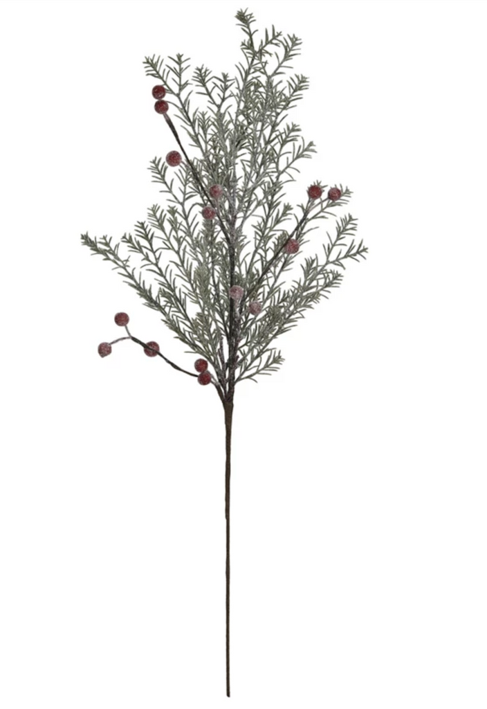 Faux Evergreen Pick w/ Red Berries, Frost Finish