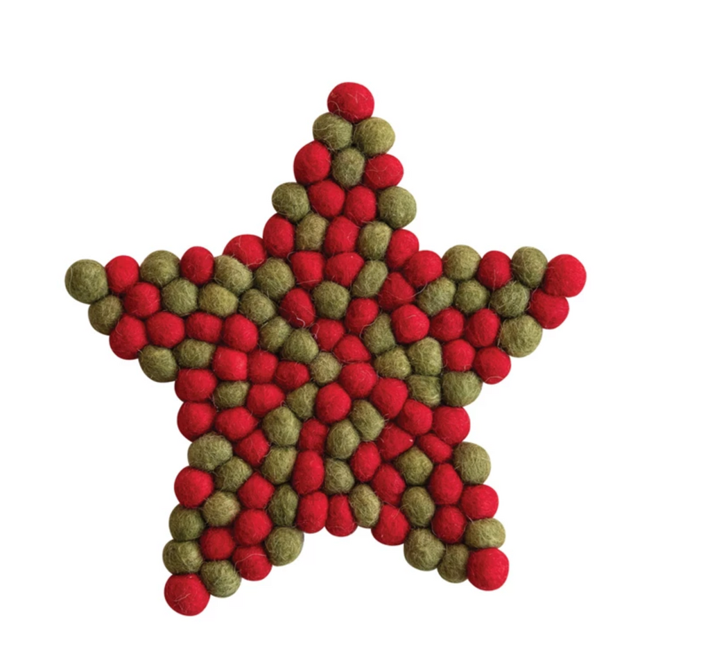 Handmade Wool Felt Ball Star Trivet, Red & Green