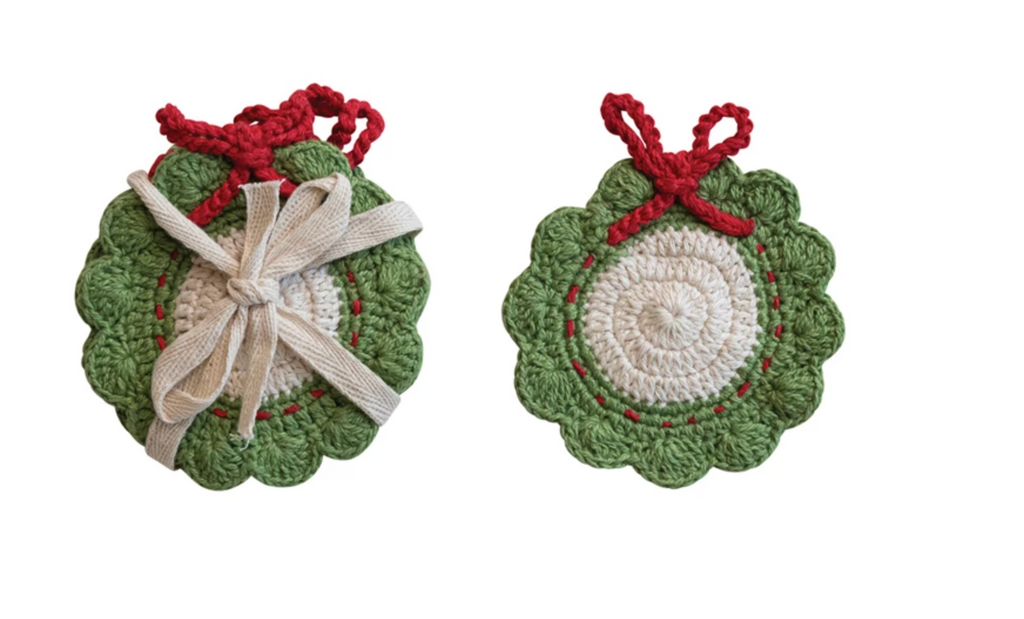 Cotton Crocheted Wreath Shaped Coasters, Green, Red & White, Set of 4