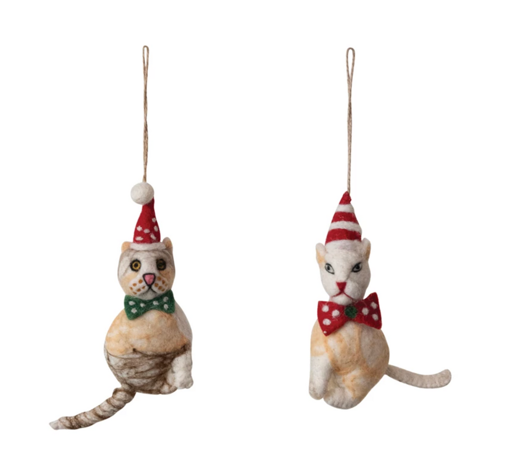 Handmade Wool Felt Cat Ornament w/ Hat, Bow Tie & Embroidery, 2 Styles