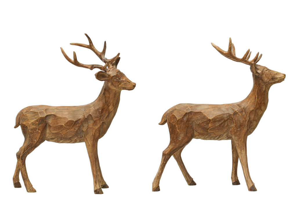 15"H - 15-3/4"H Resin Standing Deer, Brown & Carved Wood Finish,