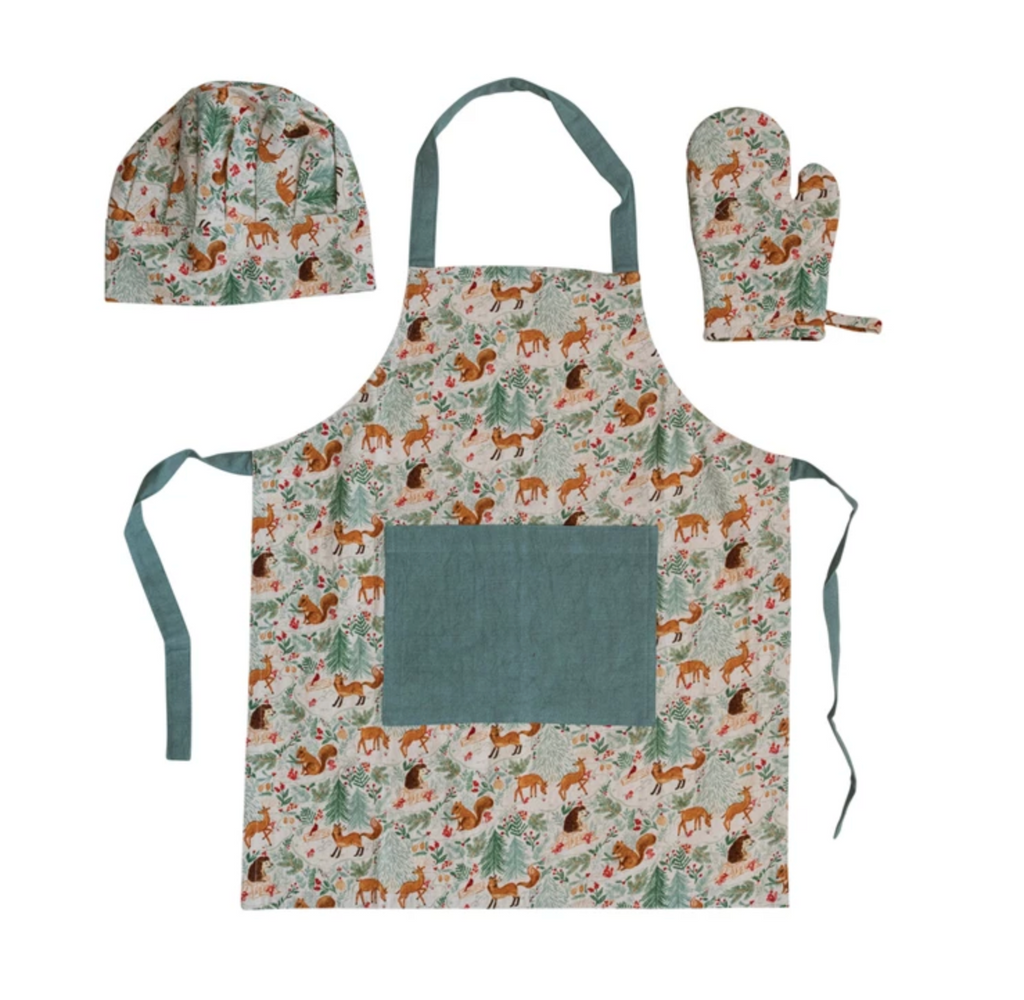 Cotton Child Apron w/ Pocket, Chef Hat & Hot Mitt, Set of 3