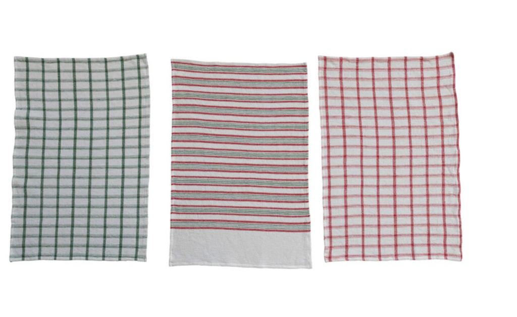 28"L x 18"W Cotton Waffle Weave Tea Towel w/ Stripes/Grid Pattern, 3 Styles