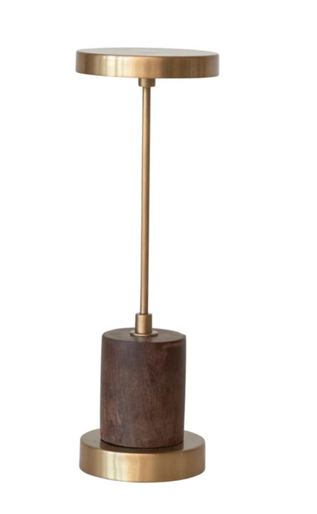 Metal & Mango Wood LED Table Lamp w/ Touch Sensor, Antique Brass Finish