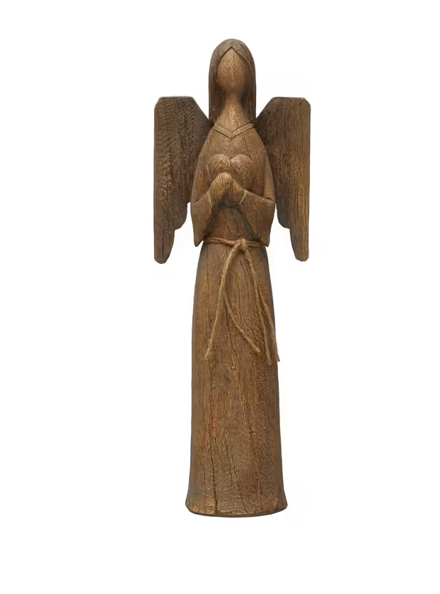 4-3/4"L x 3"W x 13-3/4"H Resin Angel w/ Heart, Wood Finish