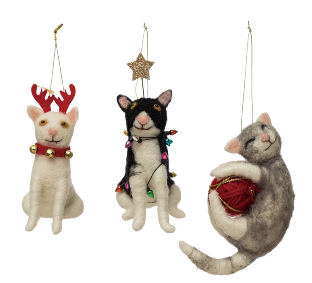 3"H - 5"H Wool Felt Cat Ornament, 3 Styles