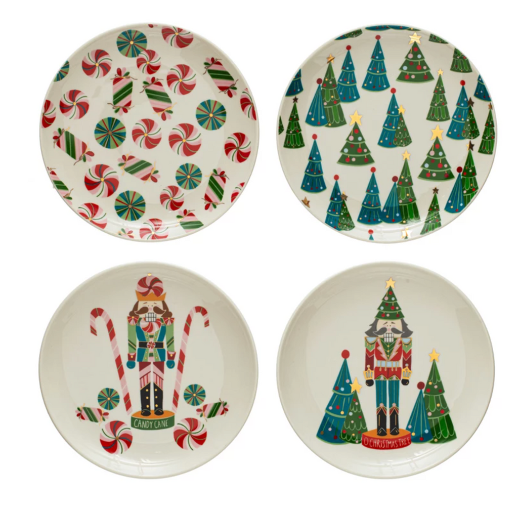 6" Round Stoneware Plate w/ Holiday Pattern/Image, Multi Color, 4 Styles