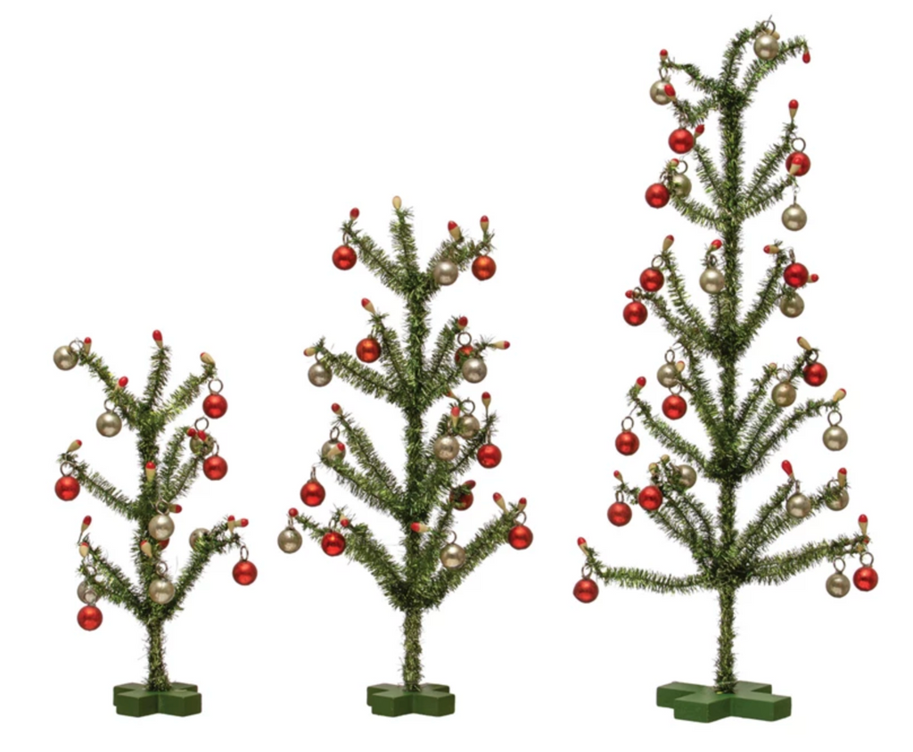 13"H, 9-1/2"H & 7"H Tinsel Trees w/ Red & Silver Finish Ornaments, Green