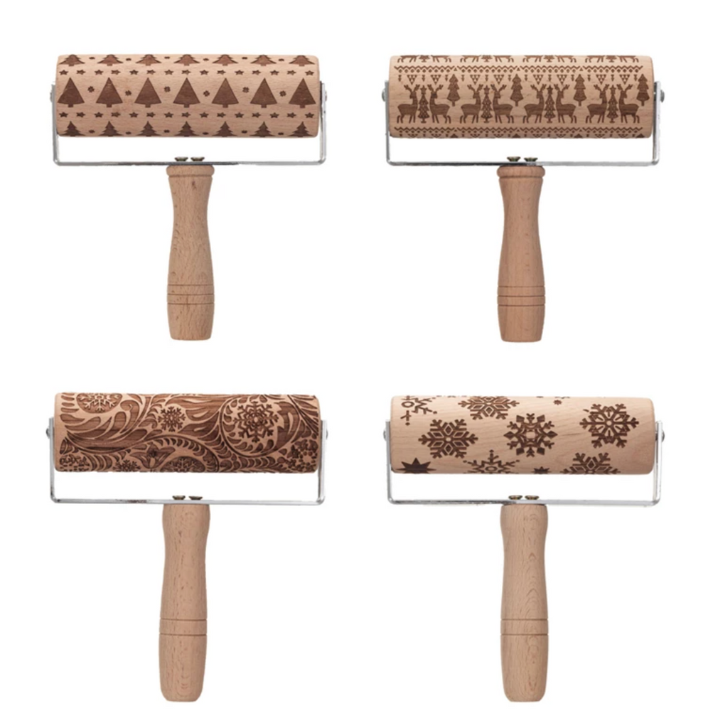 Beech Wood Rolling Pin w/ Handle & Laser Cut Holiday Pattern, Natural, 4 Styles