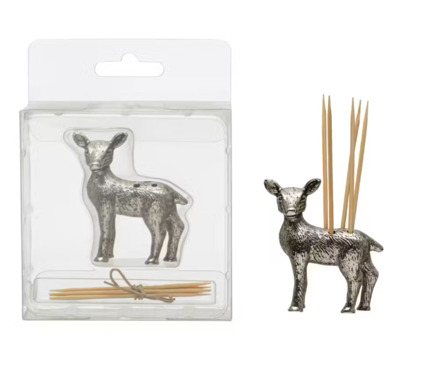 Pewter Deer Toothpick Holder w/ 6 Toothpicks