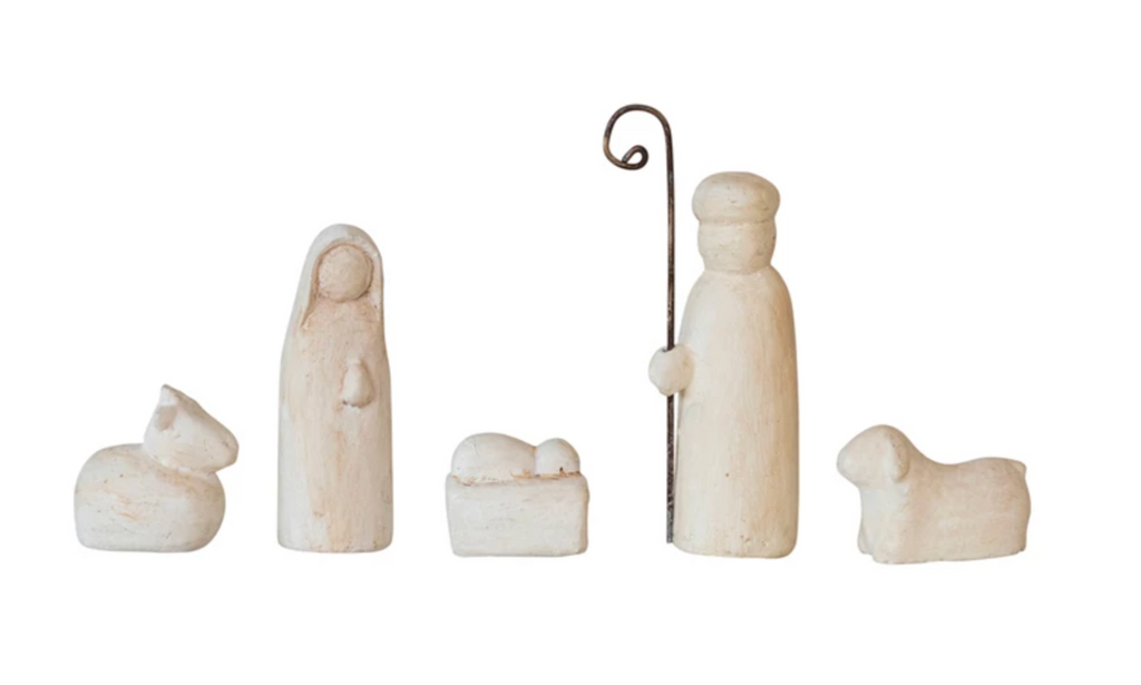 Handmade Paper Mache Holy Family w/ Animals, Cream Color, Set of 5