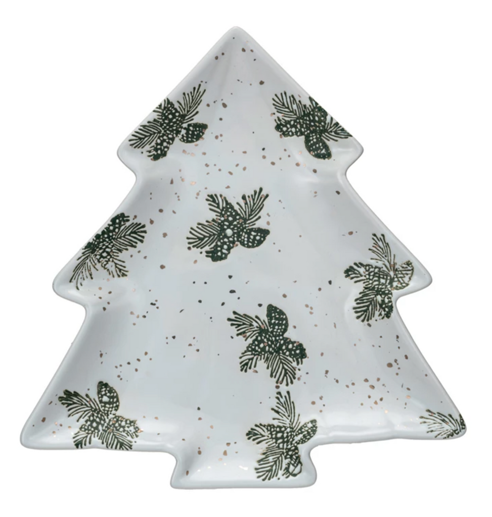 Stoneware Tree Shaped Plate w/ Gold Electroplating, White