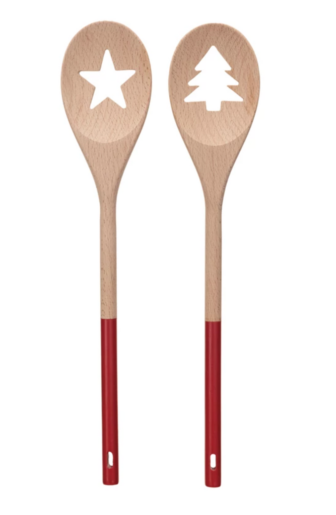 Acacia Wood Spoon w/ Tree/Star Cut-Out, Natural & Red, 2 Styles