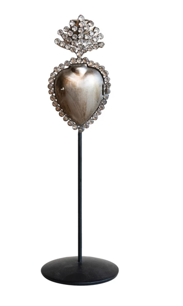 Metal Sacred Heart Taper Holder w/ Jewels, Black & Antique Silver Finish