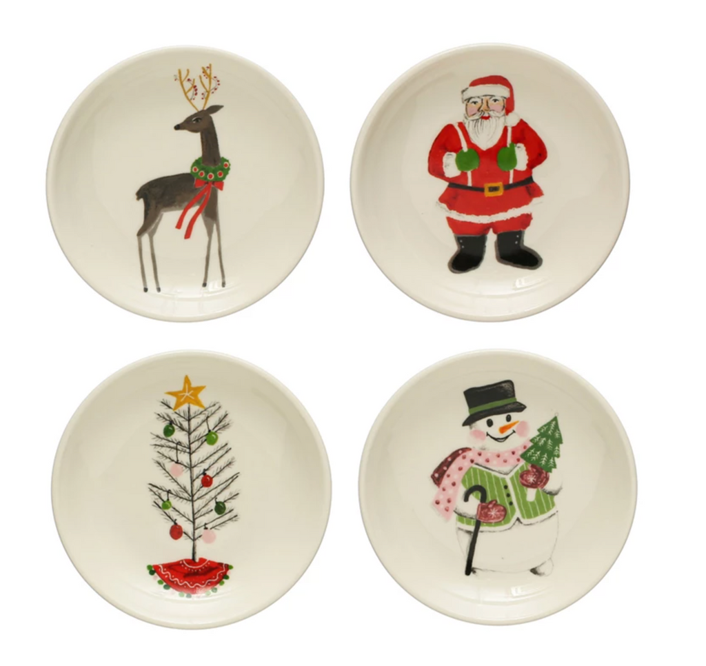 4" Round Stoneware Plate w/ Holiday Image, Multi Color, 4 Styles