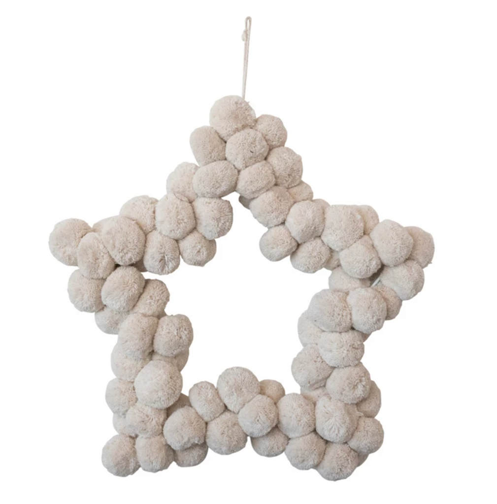 Handmade Metal & Wool Pom Pom Star Shaped Wreath, Natural