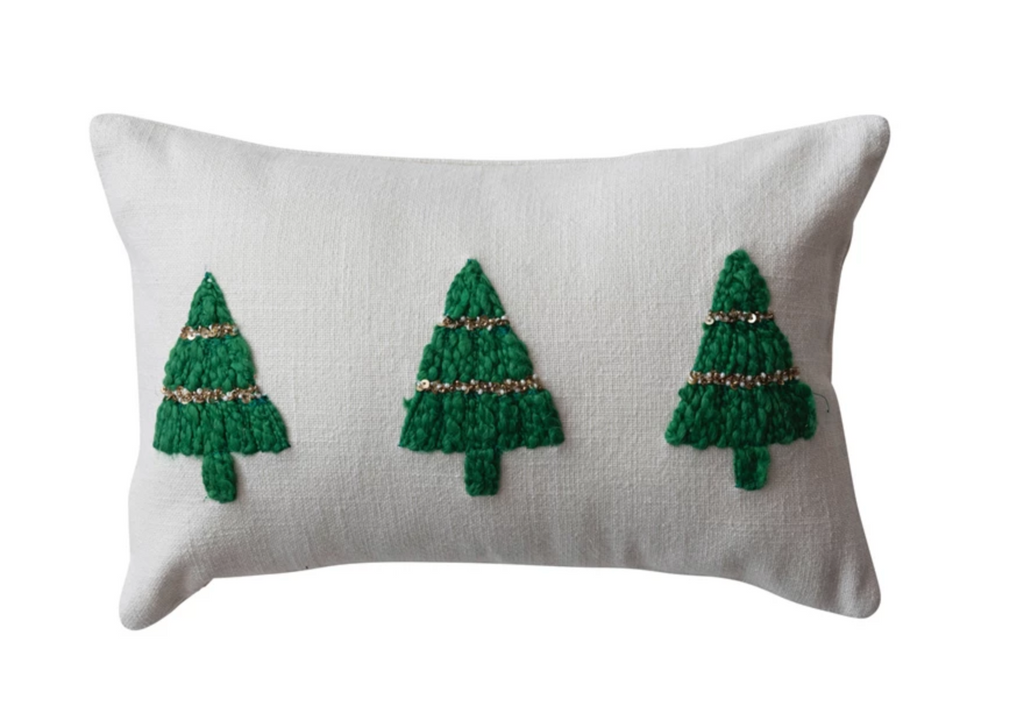 14"L x 9"H Cotton Slub Lumbar Pillow w/ Embroidered Christmas Trees & Beads