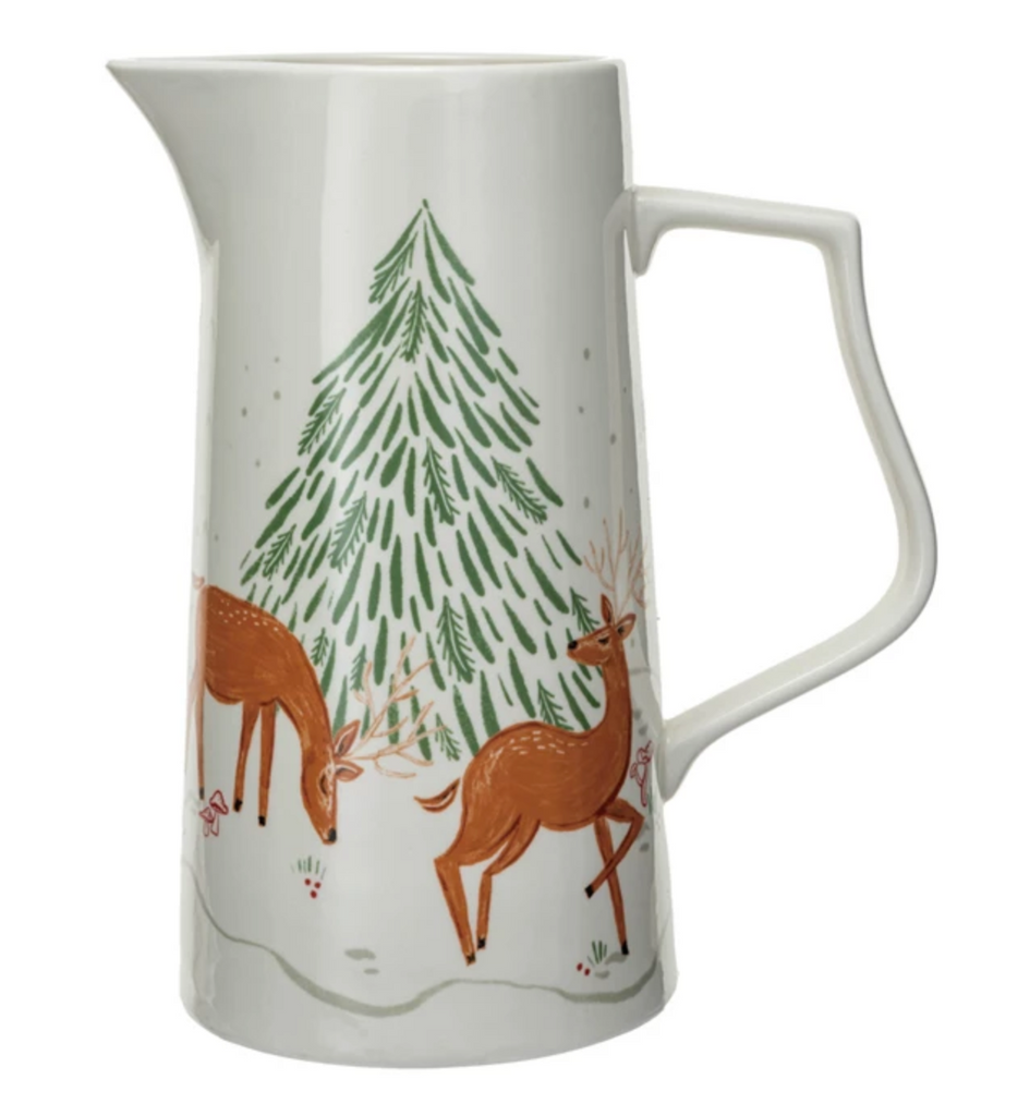 2 Quart Stoneware Pitcher w/ Deer & Tree, Multi Color