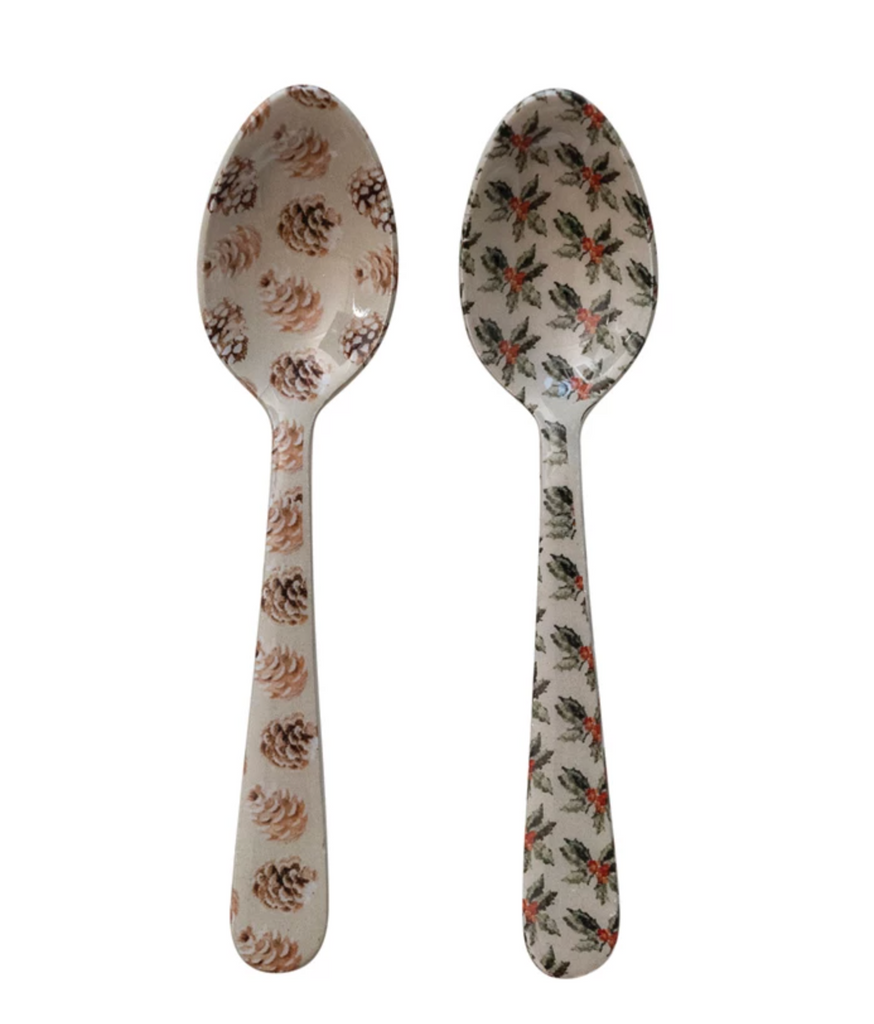 Enameled Stainless Steel Spoon w/ Pinecone/Holly Pattern, 2 Styles