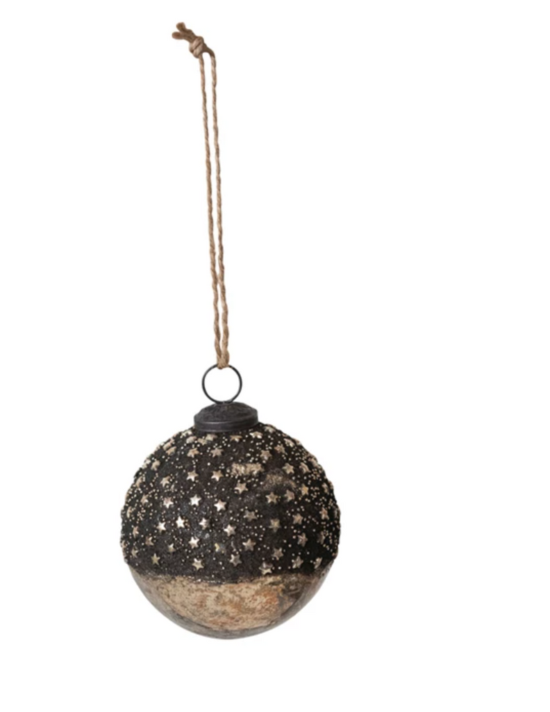 Mercury Glass Ball Ornament w/ Stars, Dipped Bronze & Silver Finish