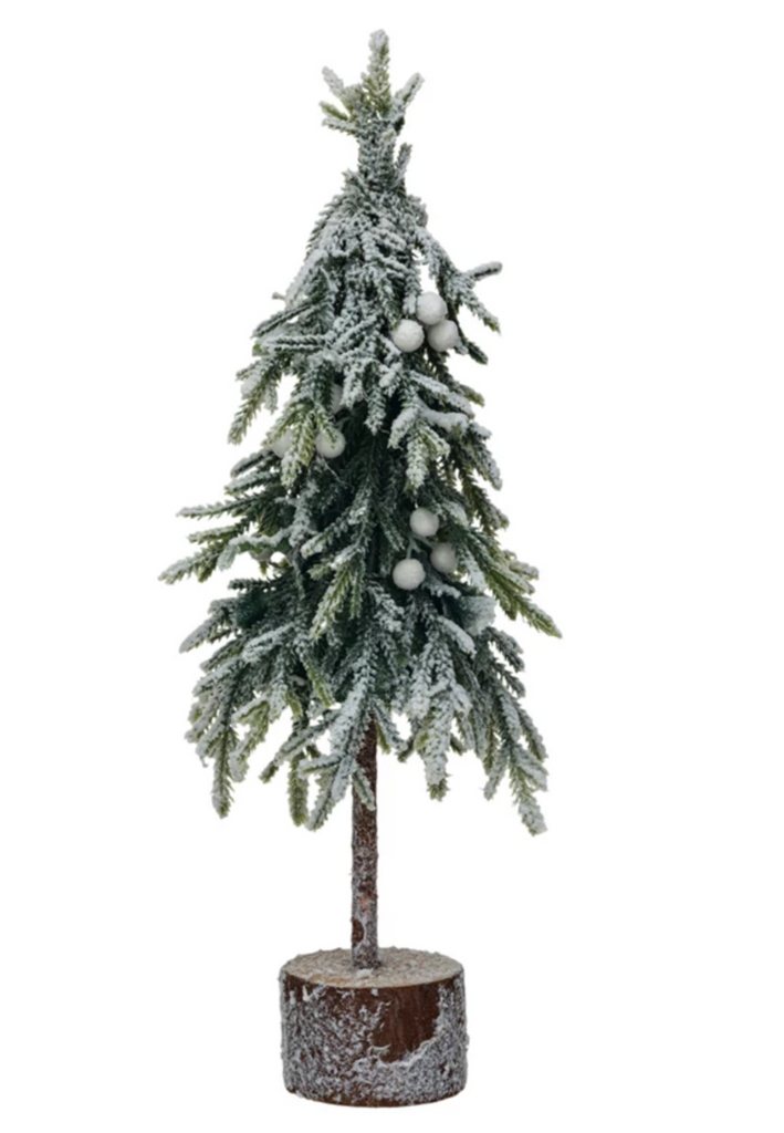 Faux Fir Tree w/ Wood Base, Snow Finish, Green