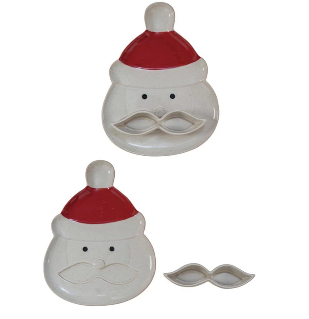 Stoneware Santa Head Shaped Platter w/ Mustache Dish, Set of 2 (Each One Will Vary)