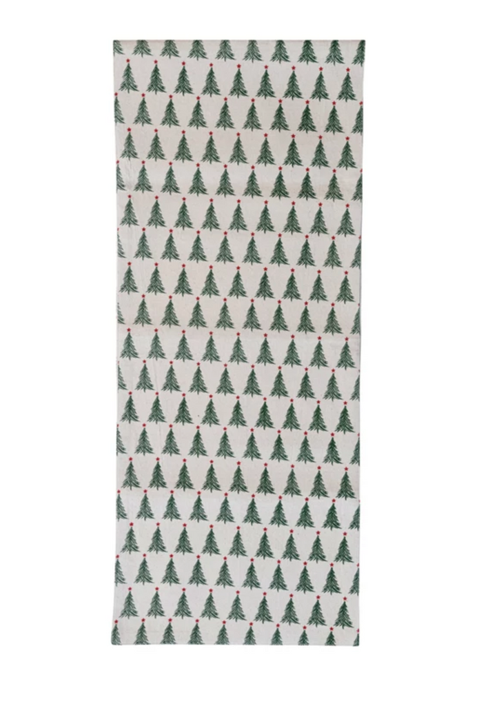 Stonewashed Cotton Printed Table Runner w/ Christmas Tree Pattern