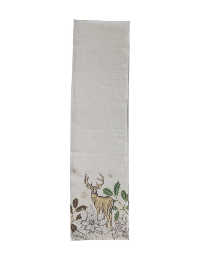 Cotton & Linen Printed Table Runner w/ Metallic Gold Thread Embroidery