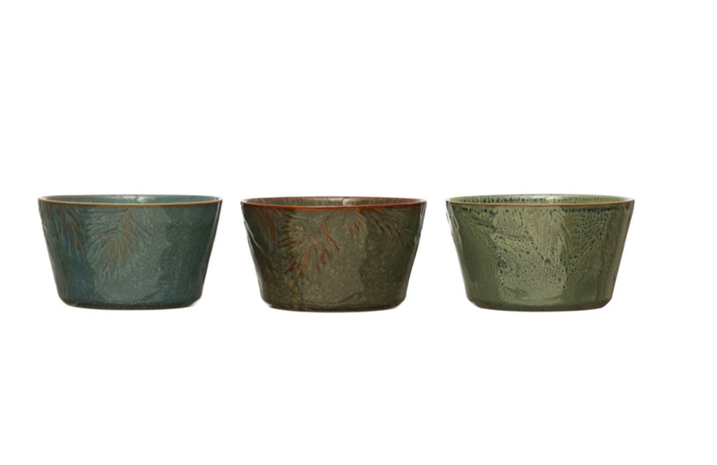 Embossed Stoneware Bowl w/ Pine Bough, Reactive Glaze, 3 Colors (Each One Will Vary)