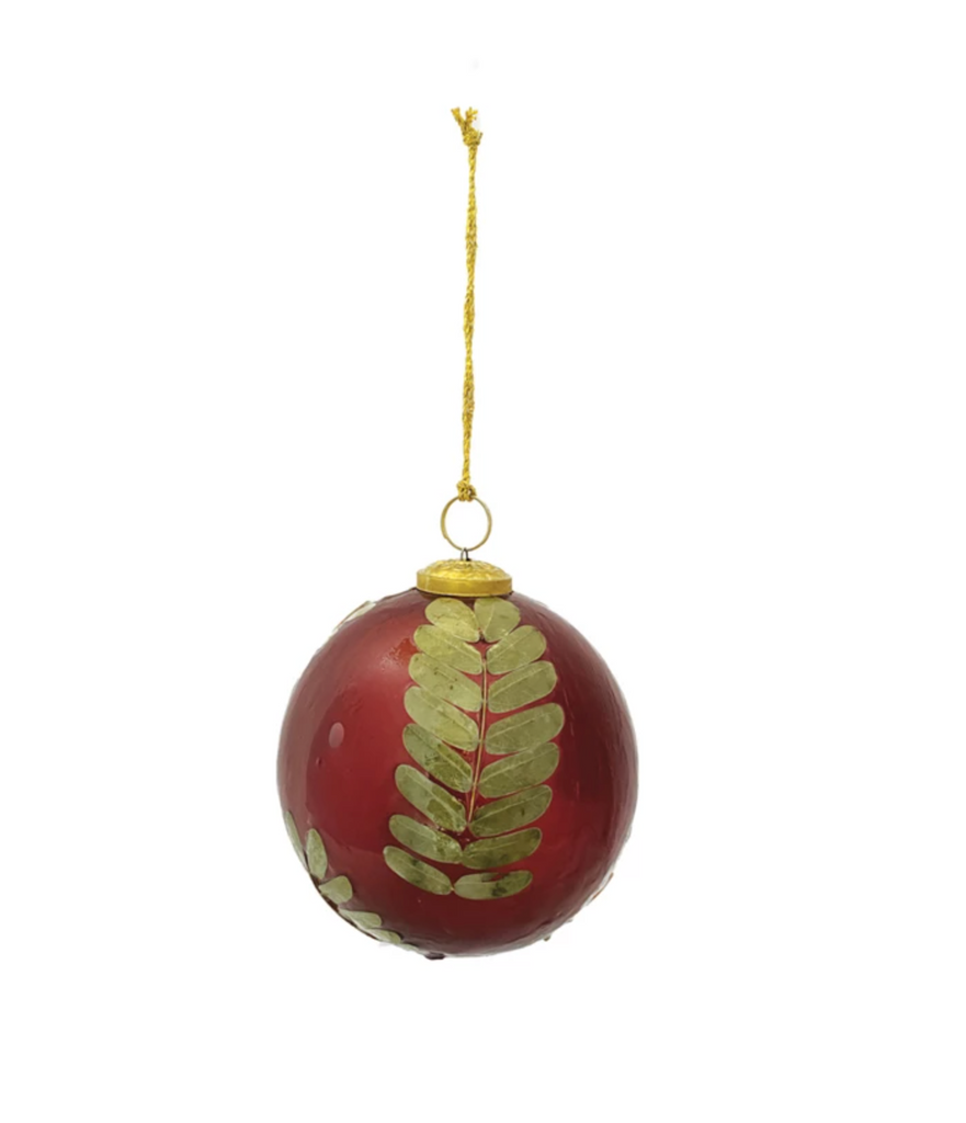 Glass Ball Ornament w/ Embedded Eucalyptus Leaves, Red & Gold Finish