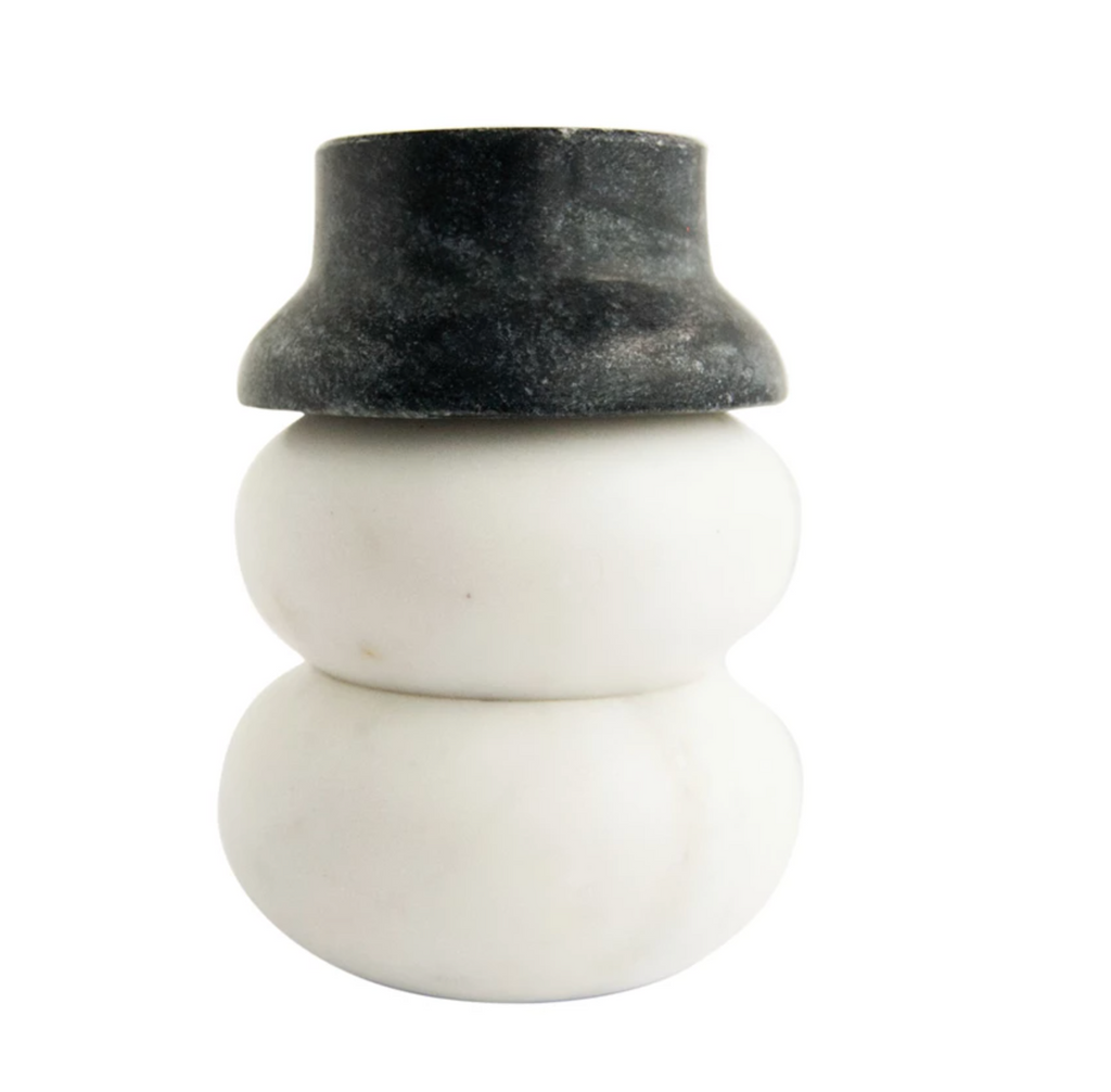 Marble Snowman Shaped Pinch Pots w/ Hat Lid, White & Black, Set of 3