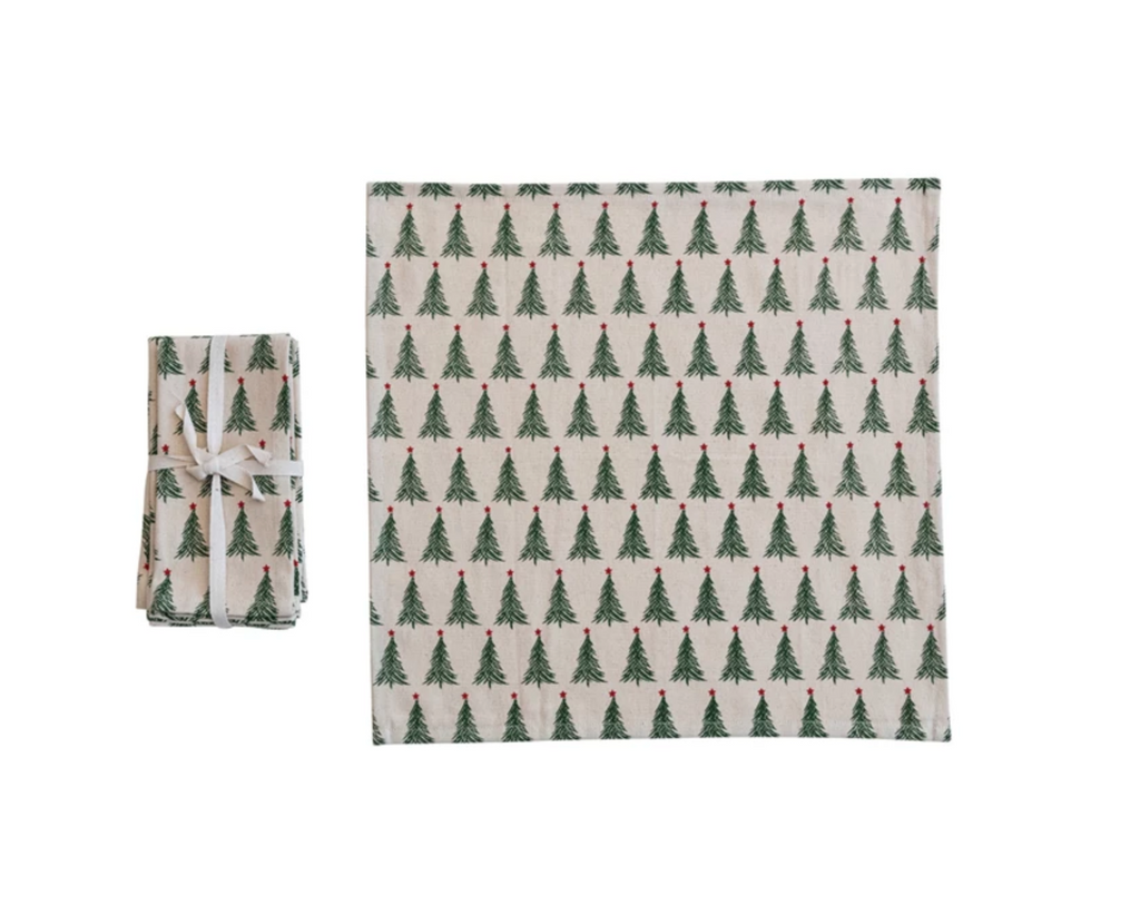 Stonewashed Cotton Printed Napkins w/ Christmas Tree Pattern, Set of 4