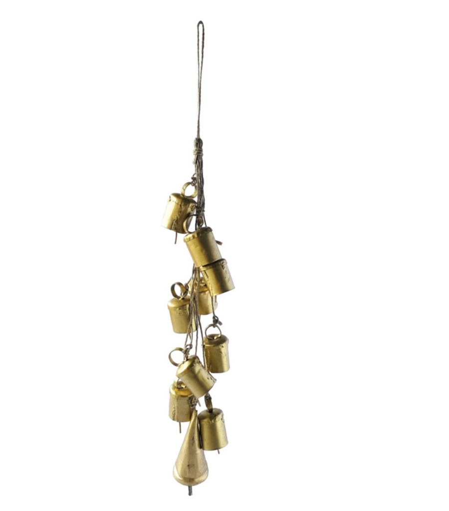 Handmade Hanging Metal Bells on Jute Rope, Gold Finish