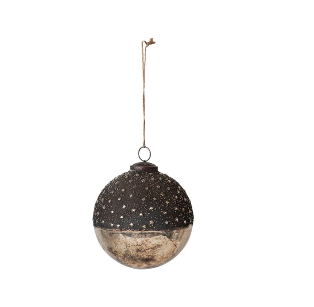 Mercury Glass Ball Ornament w/ Stars, Dipped Bronze & Silver Finish