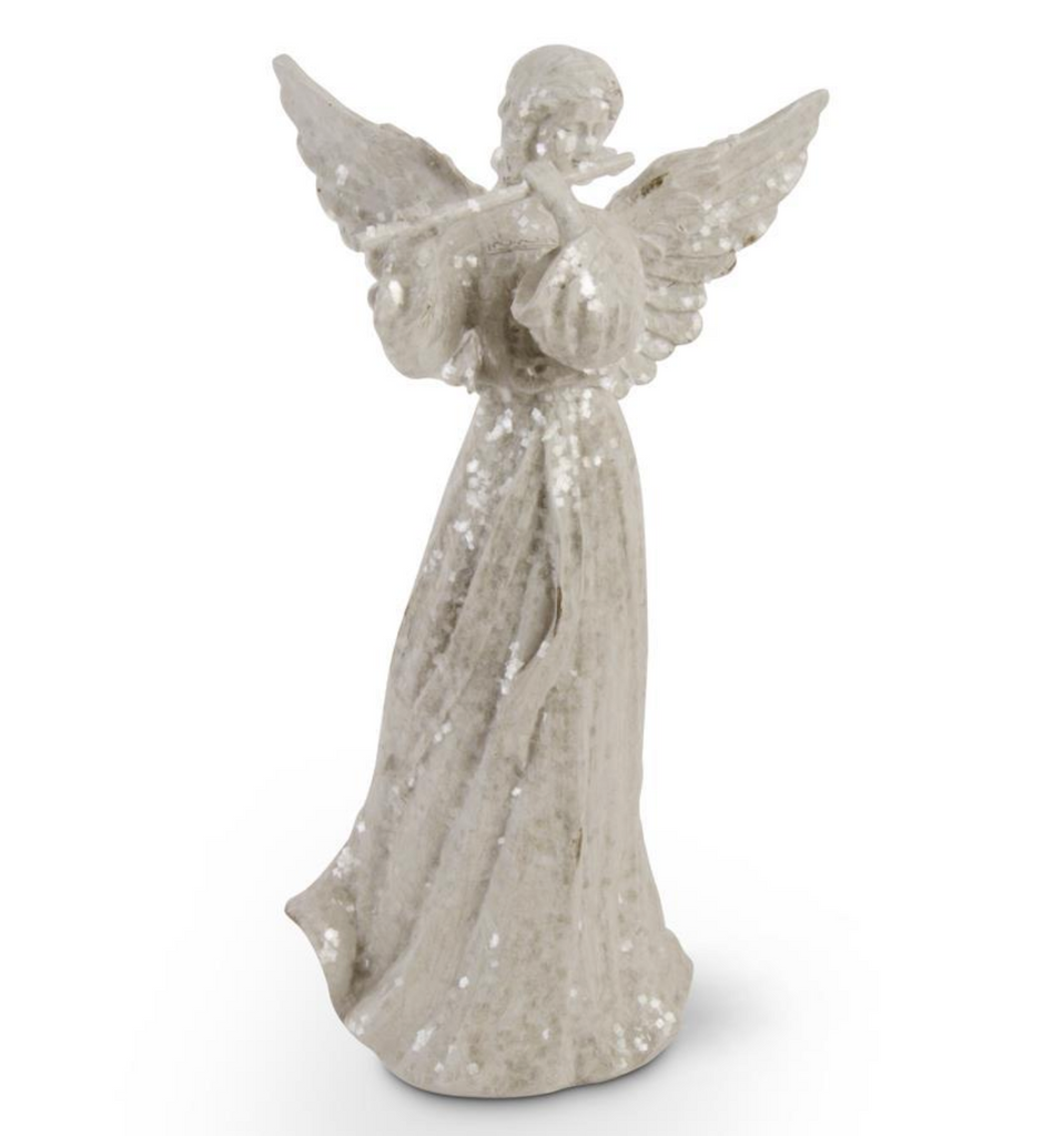 14.5 Inch White Glitter Angel w/Flute