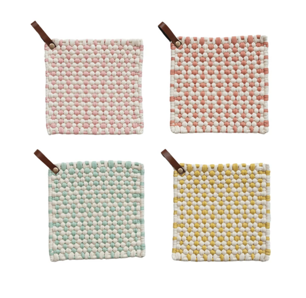 Cotton Crocheted Pot Holder w/ Leather Loop, 4 Styles