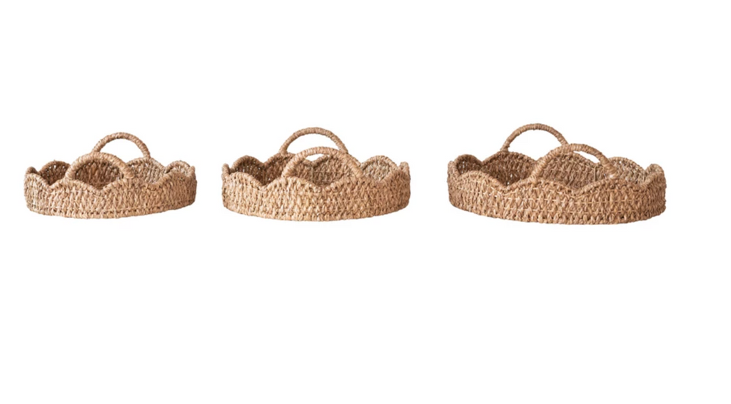 Decorative Braided Bankuan & Rattan Trays w/ Scalloped Edge & Handles